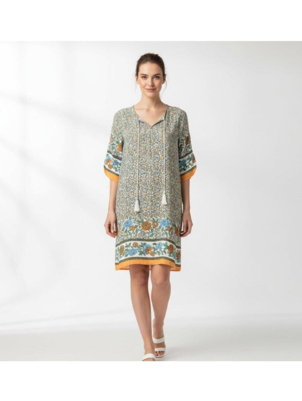 Halife Boho Floral Shift Dress Tunic Multicolor Tassel Size Medium Knee Length - Picture 2 of 6
